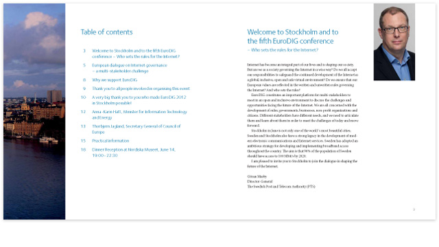 Ett uppslag ur broschyren för EuroDig-konferensen i Stockholm 2012